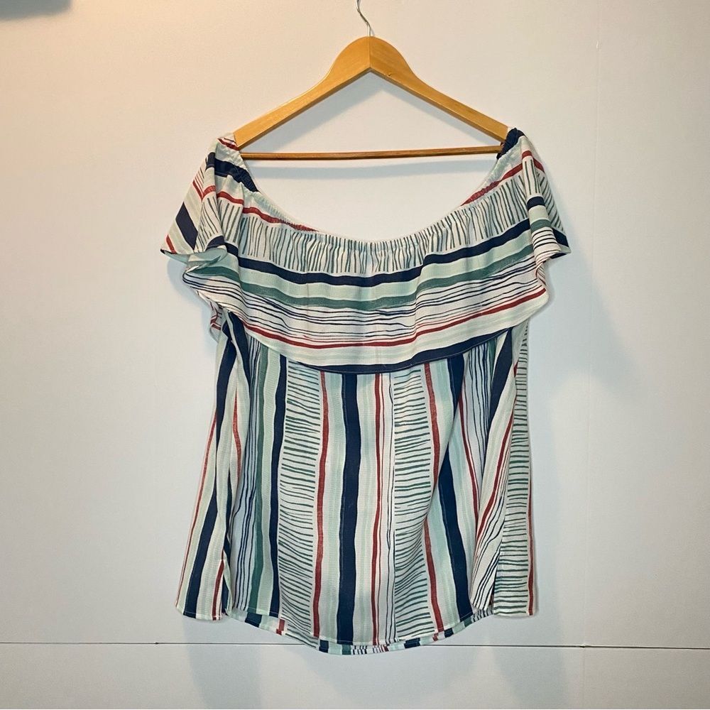Lane Bryant Striped Off Shoulder Peasant Ruffle Hem Blue Red White Top 18/20